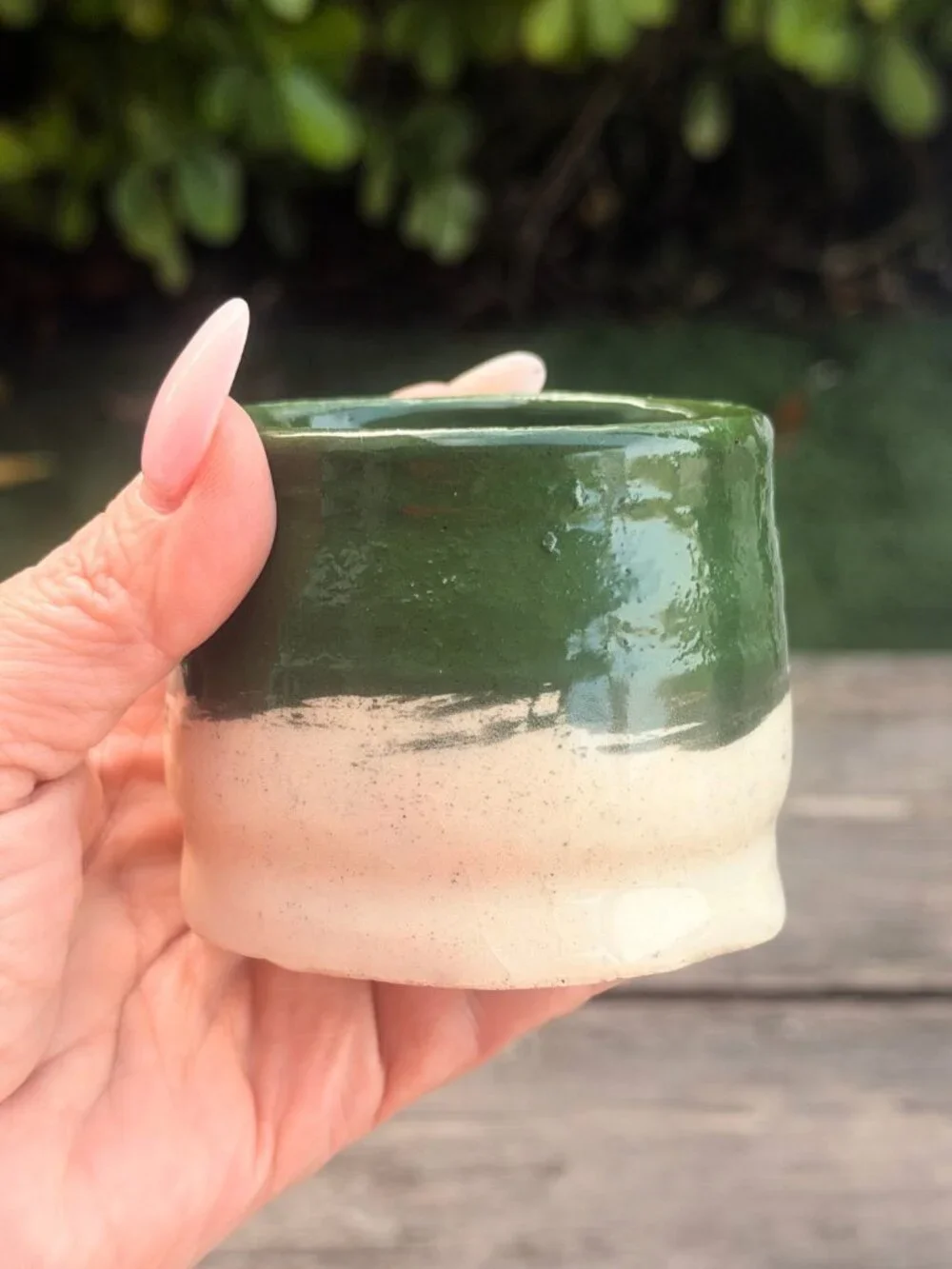 Vintage Studio Art Pottery Stoneware Tea Sake Cup Tumbler Tan Green Marked NAO